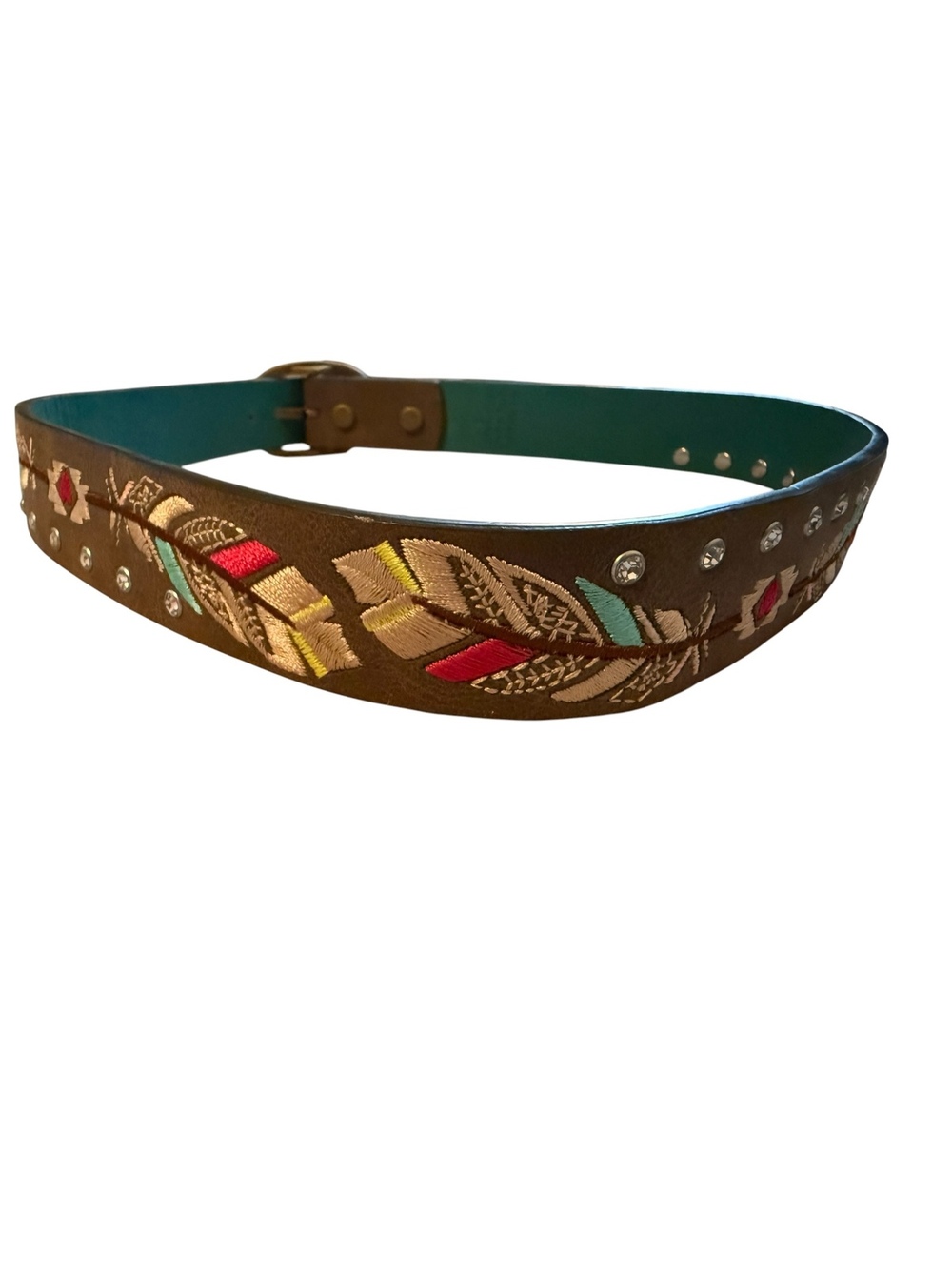 Catchfly Studio Embroidered Leather Belt with Studs and Feather Design